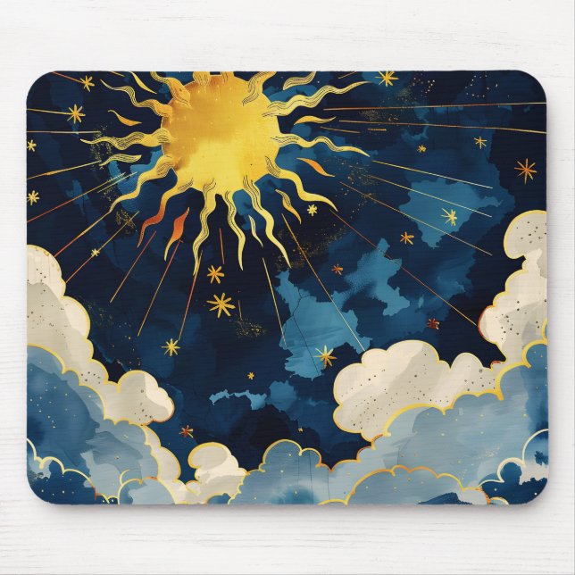Modern Celestial Sun Stars and Blue Clouds Mouse Pad (Front)