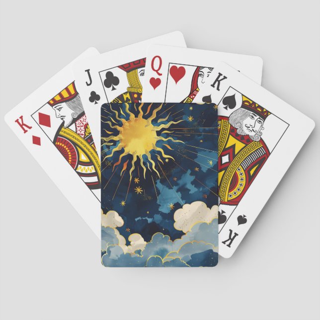 Modern Celestial Sun Stars and Blue Clouds Poker Cards (Back)