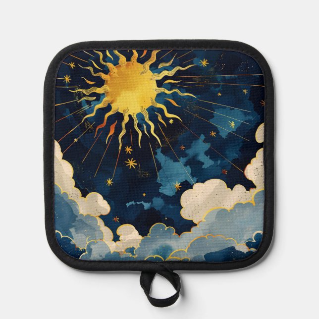 Modern Celestial Sun Stars and Blue Clouds Pot Holder (Front)