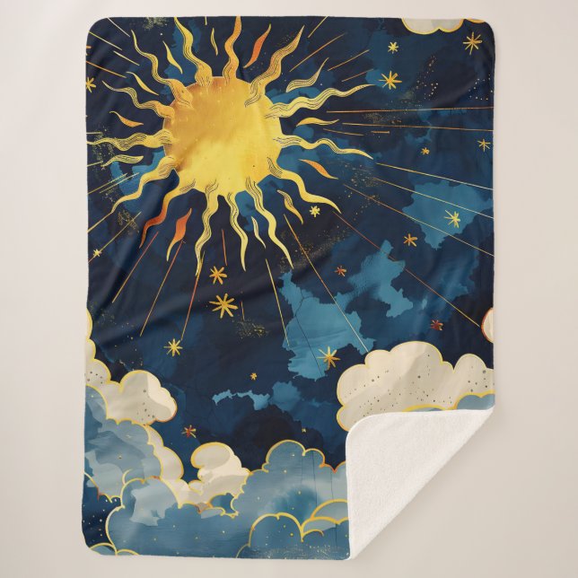 Modern Celestial Sun Stars and Blue Clouds Sherpa Blanket (Front)