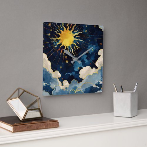 Modern Celestial Sun Stars and Blue Clouds Square Wall Clock