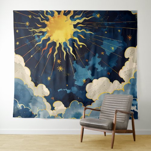 Modern Celestial Sun Stars and Blue Clouds Tapestry