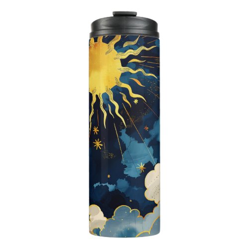 Modern Celestial Sun Stars and Blue Clouds Thermal Tumbler