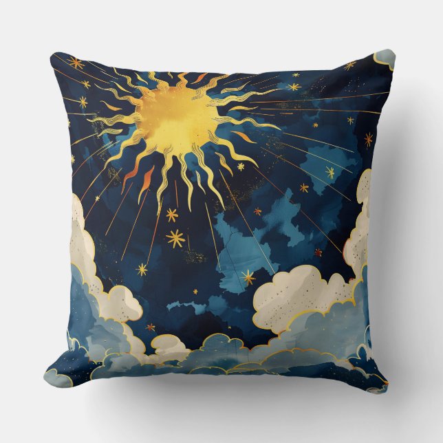 Modern Celestial Sun Stars and Blue Clouds Throw Pillow (Front)