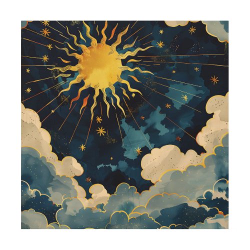 Modern Celestial Sun Stars and Blue Clouds Wood Wall Art