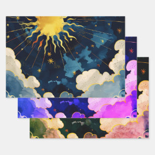 Modern Celestial Sun Stars and Blue Clouds Wrapping Paper Sheets
