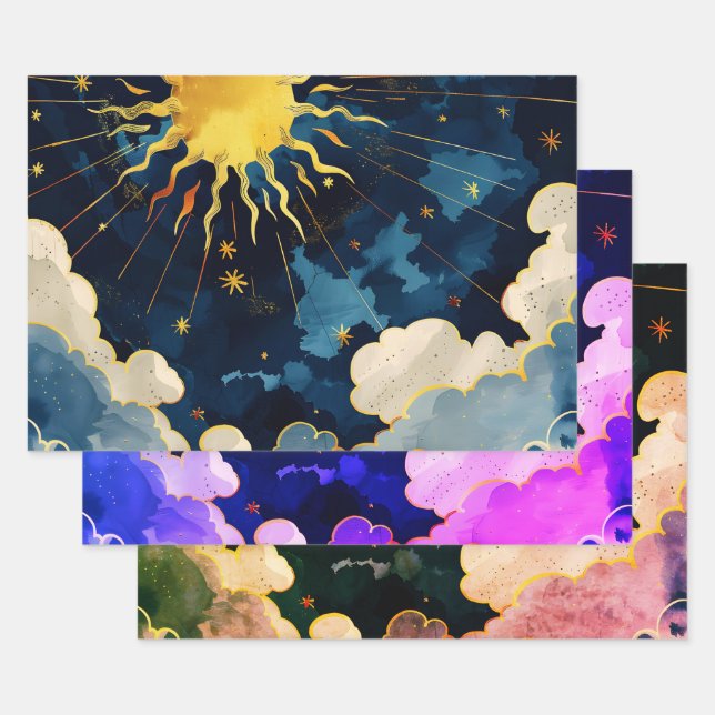 Modern Celestial Sun Stars and Blue Clouds Wrapping Paper Sheets (Set)
