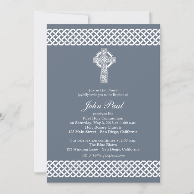 Modern Celtic Cross Baptism Invitation for Boys (Front)