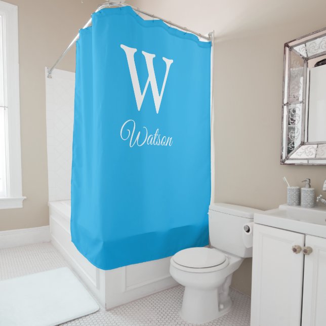 Modern Cerulean Blue Monogram Shower Curtain (In Situ)