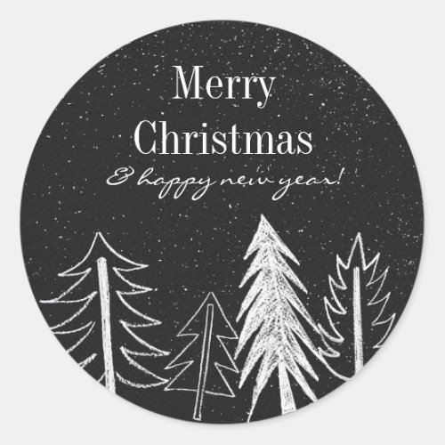 Modern Chalk Snowy Trees Holiday Classic Round Sticker