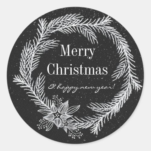 Modern Chalk Snowy Wreath Holiday Classic Round Sticker