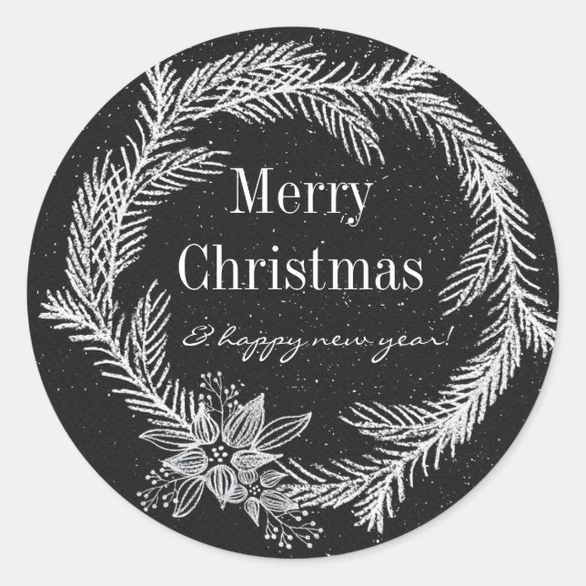 Modern Chalk Snowy Wreath Holiday Classic Round Sticker (Front)