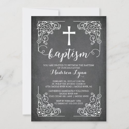 Modern Chalkboard Baptism Christening Cross Invitation