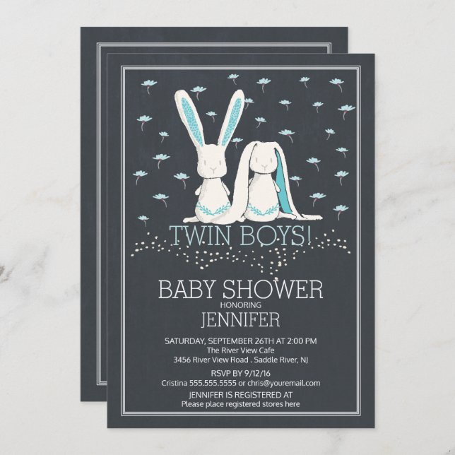 Modern Chalkboard Bunny TWIN Boys Baby Shower Invitation (Front/Back)