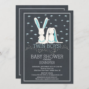 Modern Chalkboard Bunny TWIN Boys Baby Shower Invitation