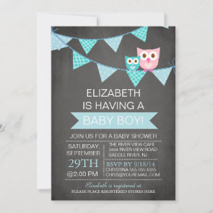 Modern Chalkboard Bunting Owl Boy Baby Shower Invitation