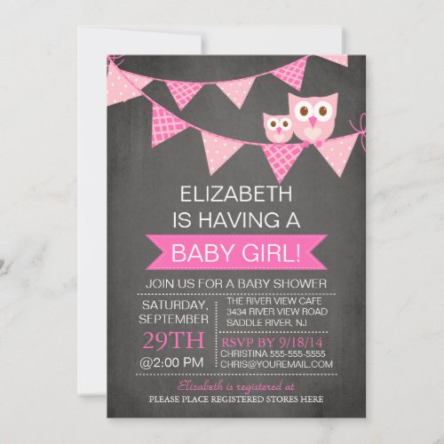 Modern Chalkboard Bunting Owl GIRL Baby Shower Invitation