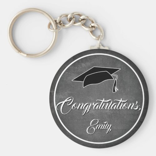 Modern Chalkboard Congratulations Graduation Keychain - Simple and Modern Grey Chalkboard Congratulations Graduation Keychain with a graduate name,  graduation cap and trendy white typography text Congratulations on dark grey chalkboard background. Personalize with your name.