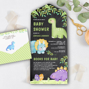 Modern Chalkboard Cute Little Dinosaur Baby Shower All In One Invitation