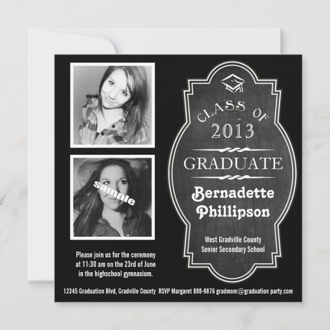 Modern Chalkboard Double Photo Graduation Ceremony Invitation (Front)