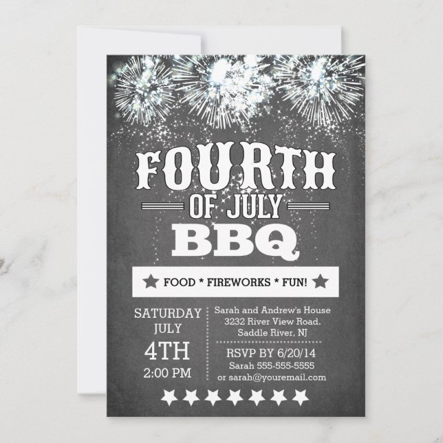 Modern Chalkboard Fireworks 4th of July Party Invitation (Front)