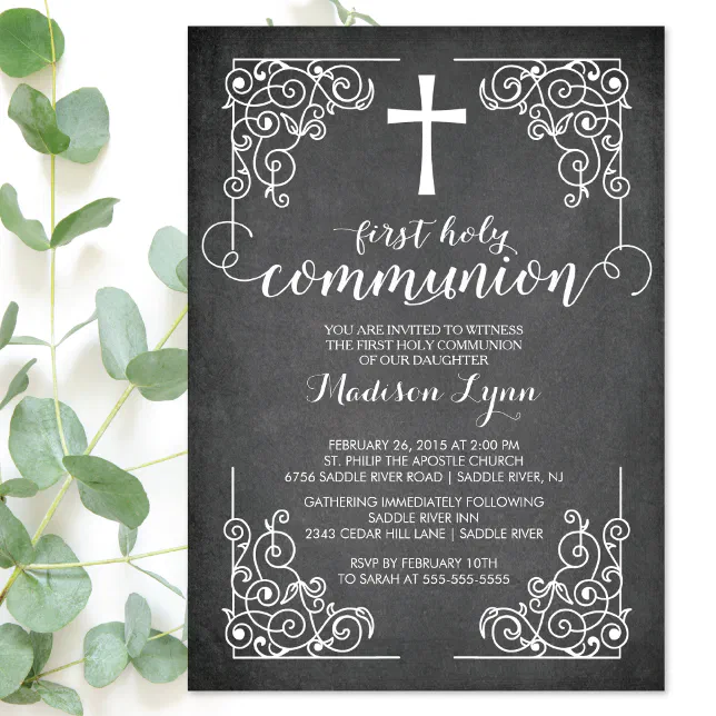 Modern Chalkboard First Holy Communion Invitation 