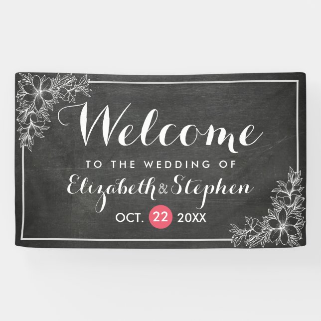 Modern Chalkboard Floral Frame Wedding Welcome Banner (Horizontal)