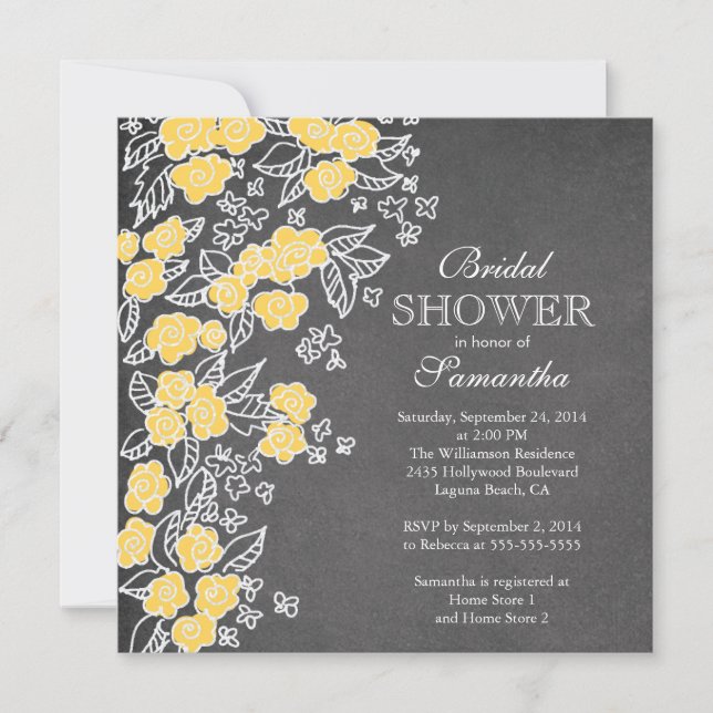 Modern Chalkboard Flower Gray Yellow Bridal Shower Invitation (Front)