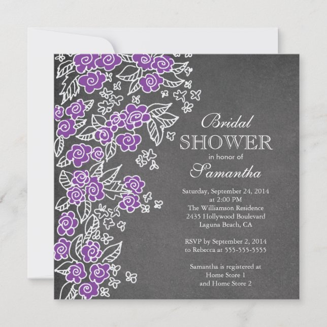 Modern Chalkboard Flower Purple Bridal Shower Invitation (Front)