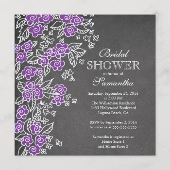 Modern Chalkboard Flower Purple Bridal Shower Invitation by invitationstop at Zazzle