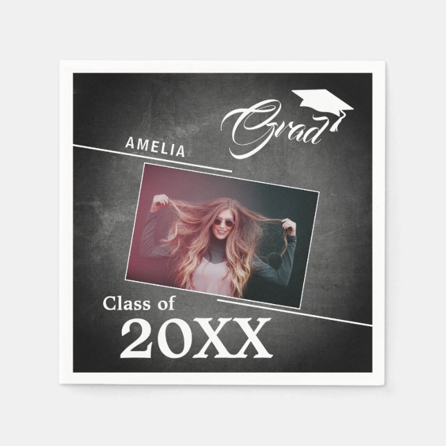 Modern Chalkboard Graduate Photo Graduation Party Napkins (Front)