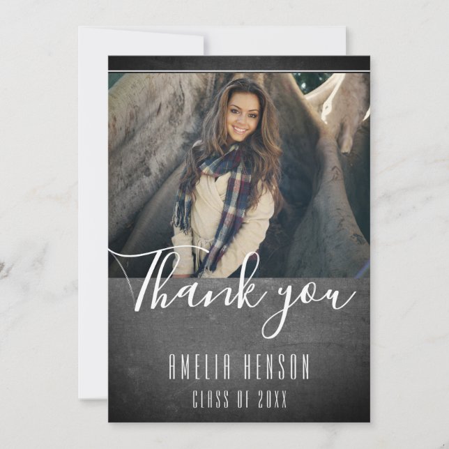 Modern Chalkboard Graduate Photo Graduation  Thank You Card (Front)