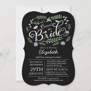 Modern Chalkboard Here Comes The Bride Floral Invitation