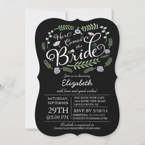 Modern Chalkboard Here Comes The Bride Floral 5x7 Paper Invitation Card