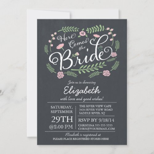 Modern Chalkboard Here Comes The Bride Floral Personalized Invite