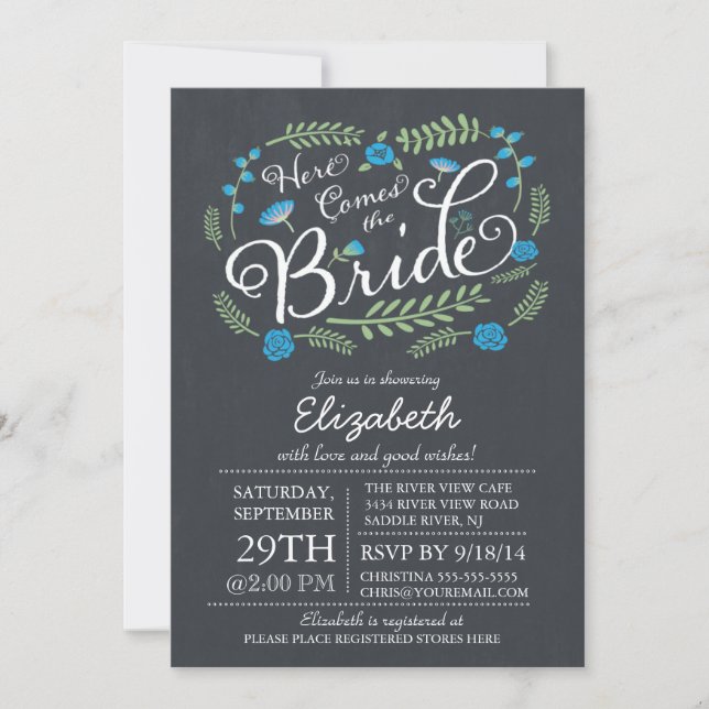 Modern Chalkboard Here Comes The Bride Floral Invitation (Front)