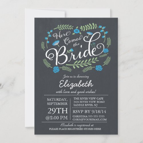 Modern Chalkboard Here Comes The Bride Floral Personalized Invitations