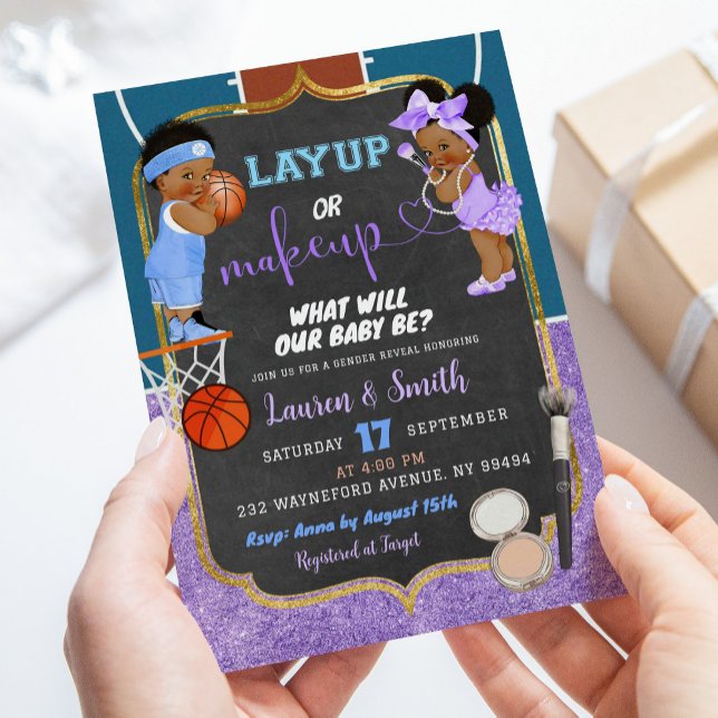Modern Chalkboard Layup or Makeup Gender Reveal Invitation (Creator Uploaded)