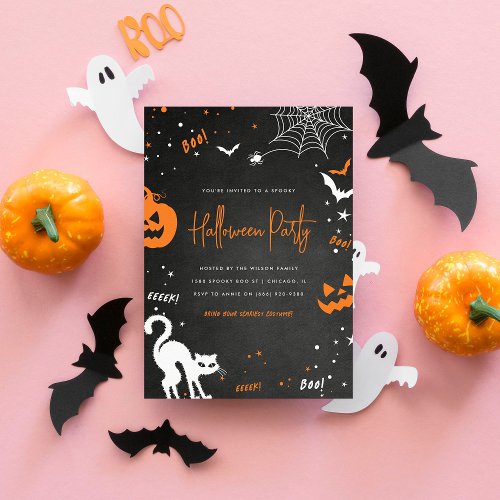 Modern Chalkboard Orange Spooky Halloween Party Invitation