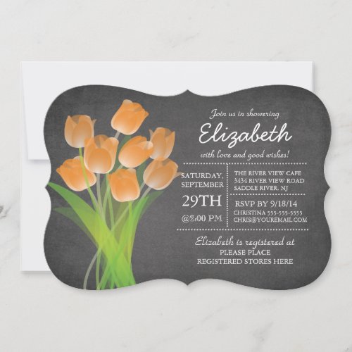 Modern Chalkboard Orange Tulip Bridal Shower 5x7 Paper Invitation Card