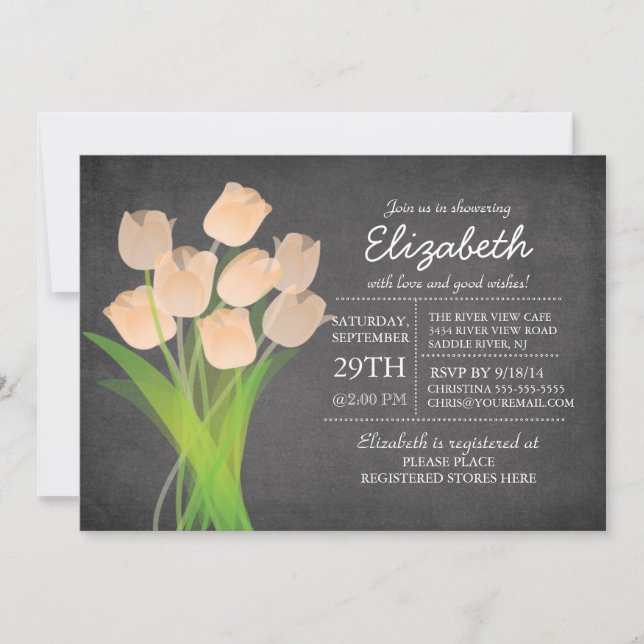 Modern Chalkboard Peach Tulip Girls Baby Shower Invitation (Front)
