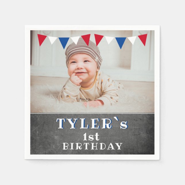 Modern Chalkboard Photo 1st Birthday Party Napkins (Front)