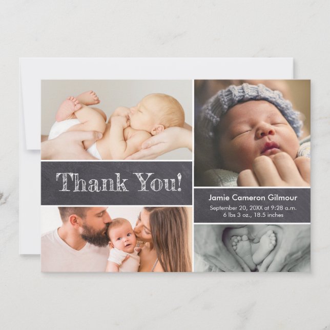 Modern Chalkboard Photo Collage Baby Shower Thank You Card (Front)