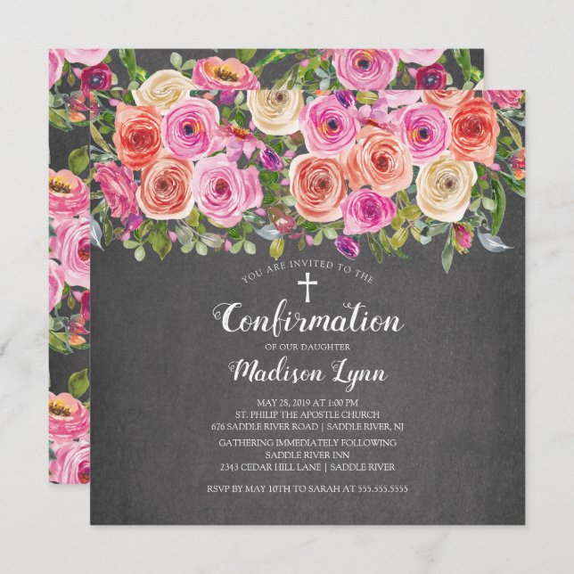 Modern Chalkboard Pink Floral Confirmation Invitation (Front/Back)
