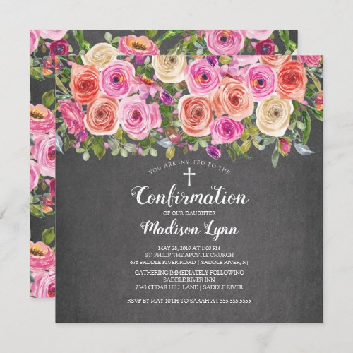 Modern Chalkboard Pink Floral Confirmation Invitation