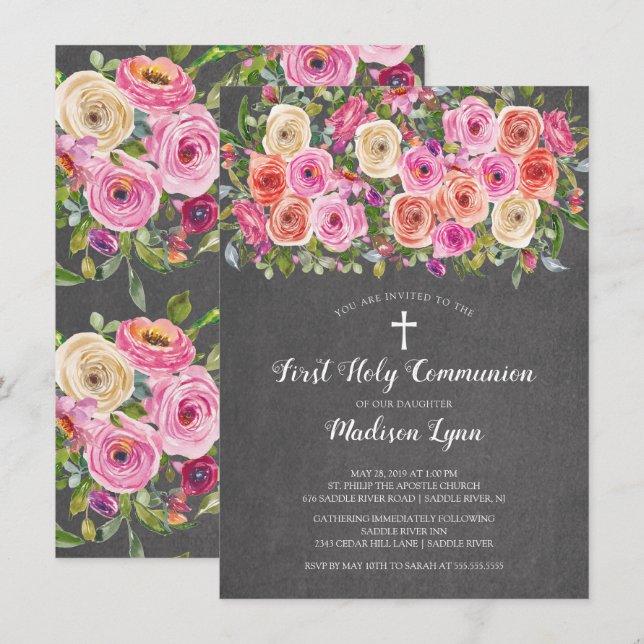 Modern Chalkboard Pink Floral First Holy Communion Invitation (Front/Back)