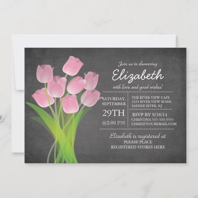 Modern Chalkboard Pink Tulip Girls Baby Shower Invitation (Front)