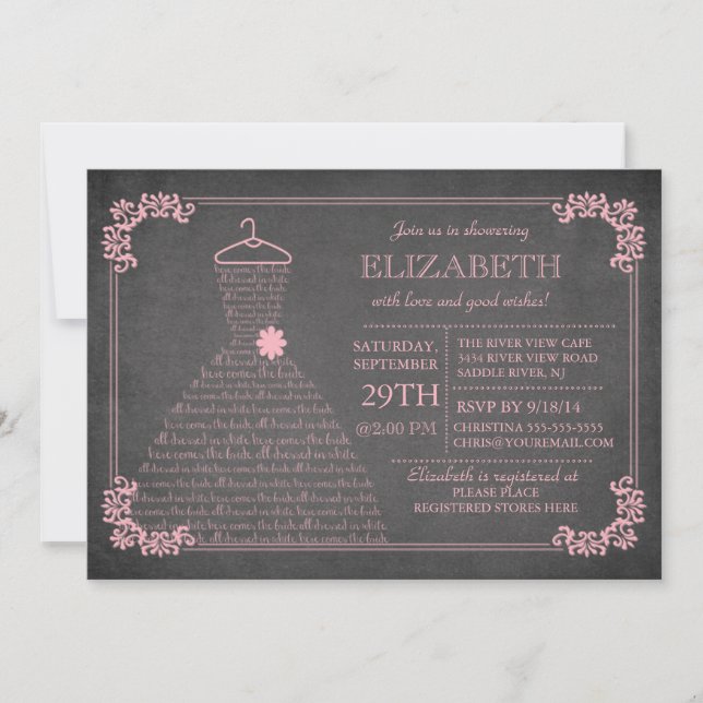 Modern Chalkboard Pink Wedding Dress Bridal Shower Invitation (Front)