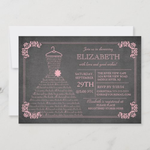 Modern Chalkboard Pink Wedding Dress Bridal Shower Invitation