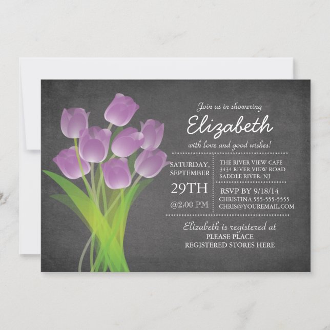 Modern Chalkboard Purple Tulip Bridal Shower Invitation (Front)